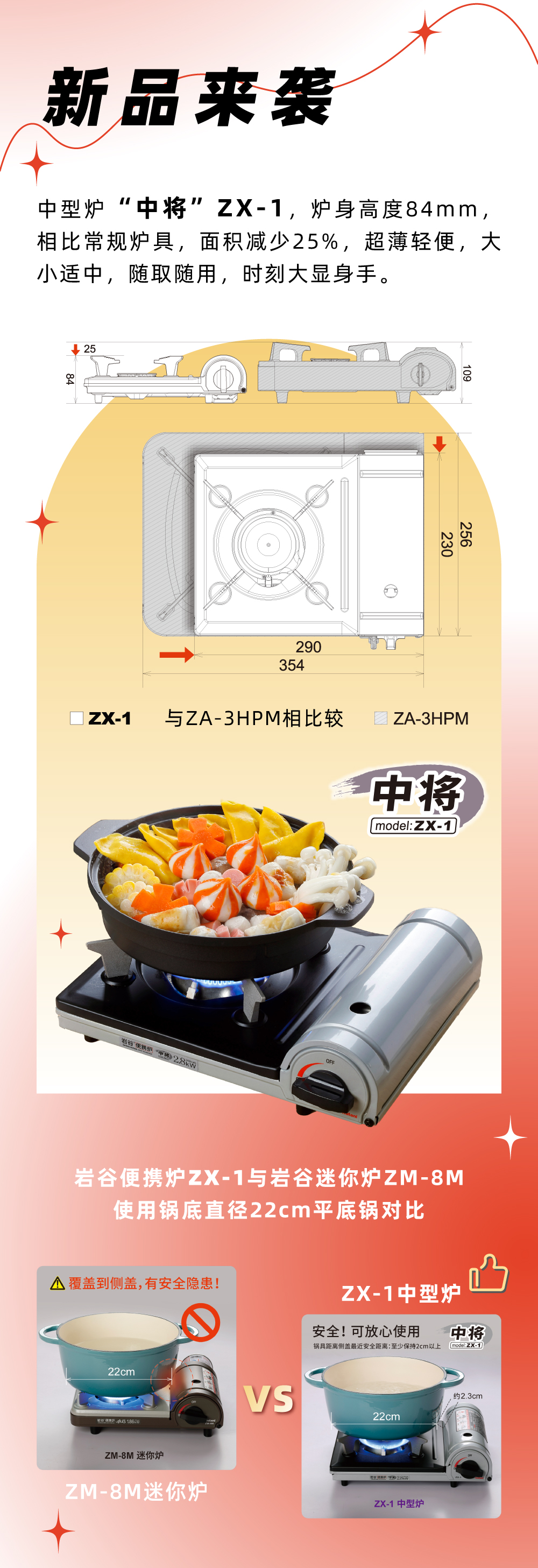 巖谷便攜爐ZX-1，爐身高度84mm，相比常規爐具，面積減少25%，
超薄輕便，大小適中，隨取隨用，時刻大顯身手。